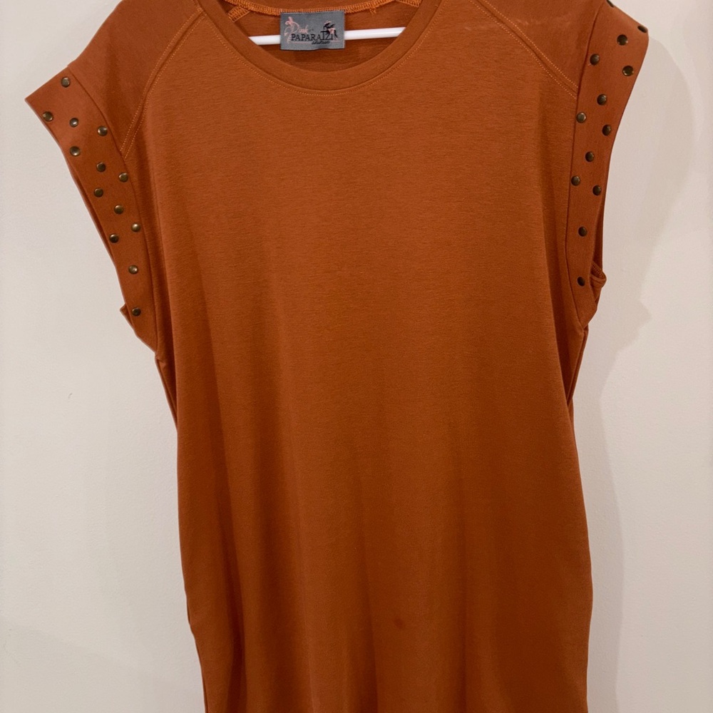 Rust Sleeveless Tee with Studded Detail